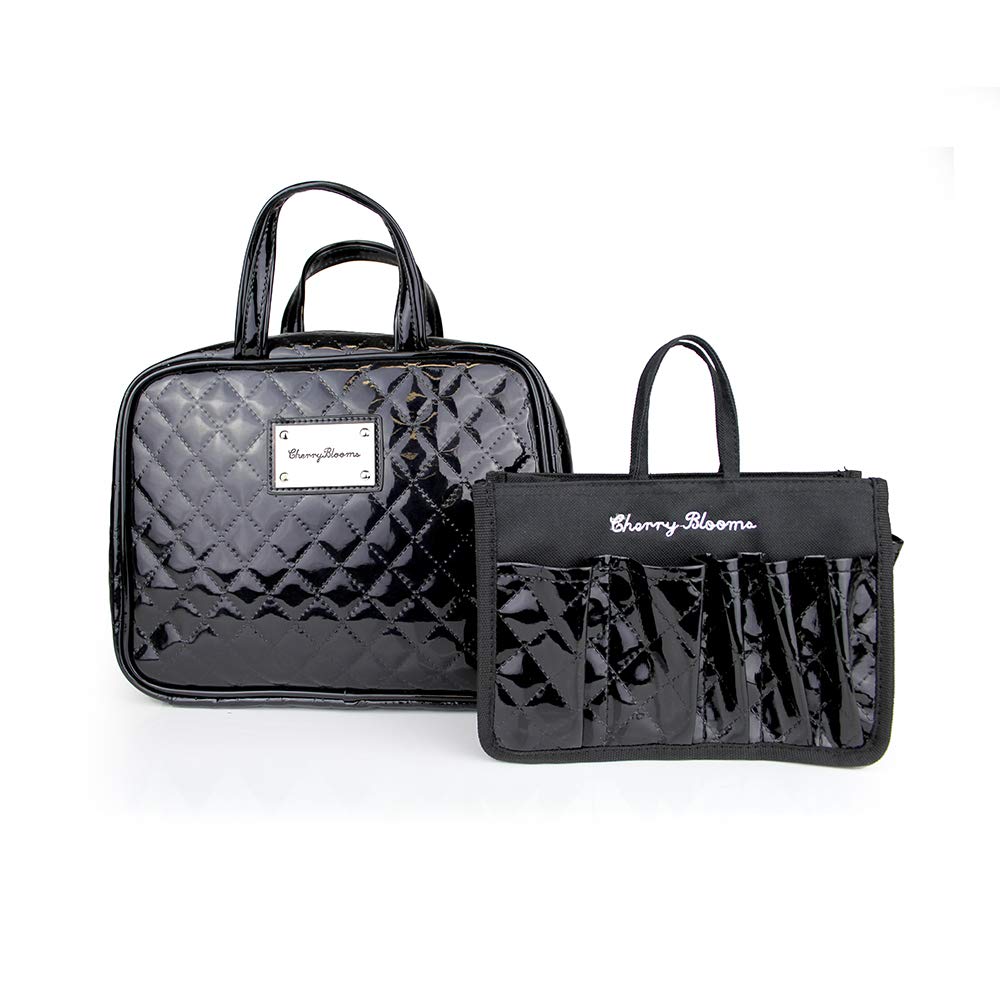 Cherry Blooms Quilted Patent Leather Beauty Organizer 2 Piece Set, Patent Leather Black