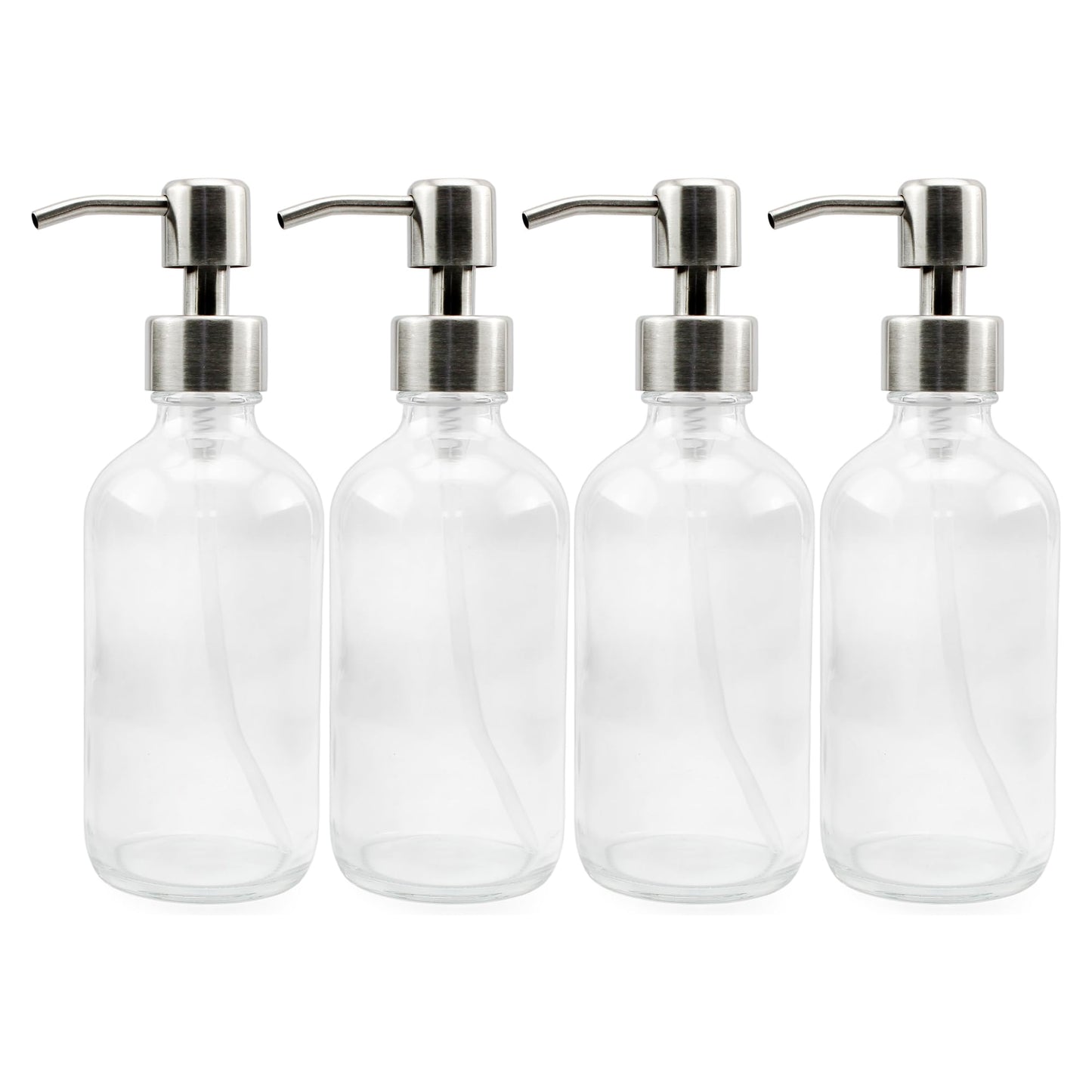 Cornucopia Brands 8-Ounce Clear Glass Boston Round Bottles w/Stainless Steel Lotion Pumps (4-Pack); Empty Refillable Liquid Soap & Lotion Bottles