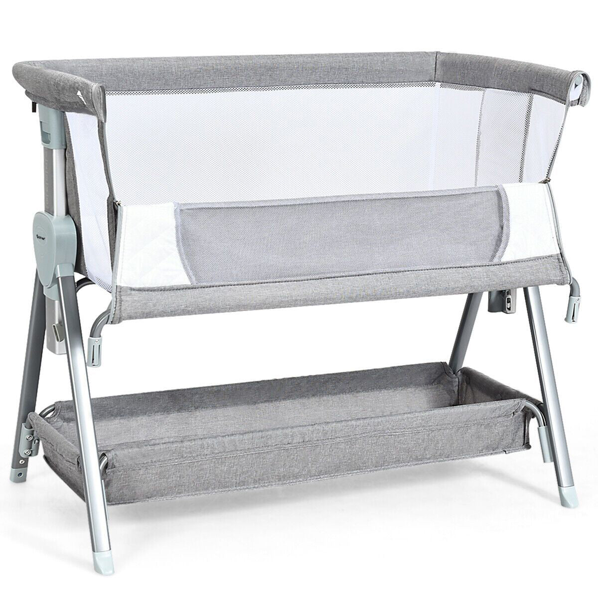 Light Grey Deluxe Next-to-Me Crib | Linen with Breathable Mesh | 7 Adjustable Heights | Wheels | 0-12m