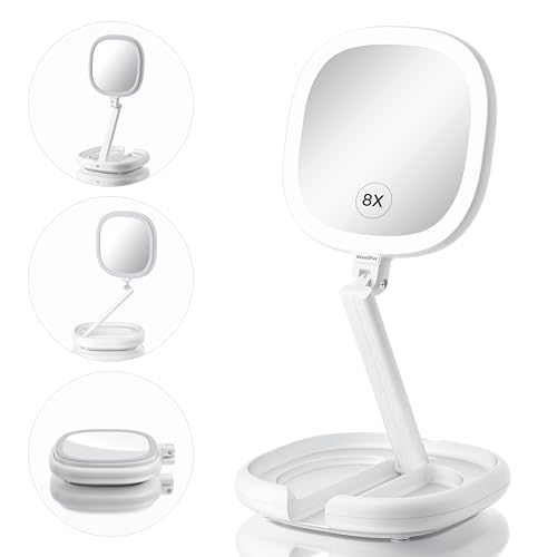 Beautifive Travel Makeup Mirror with Lights and Magnification, 1X/8X Lighted Makeup Mirror, Lighted Folding Travel Mirror with Adjustable Height, Double Sided Magnifying Travel Mirror with Light