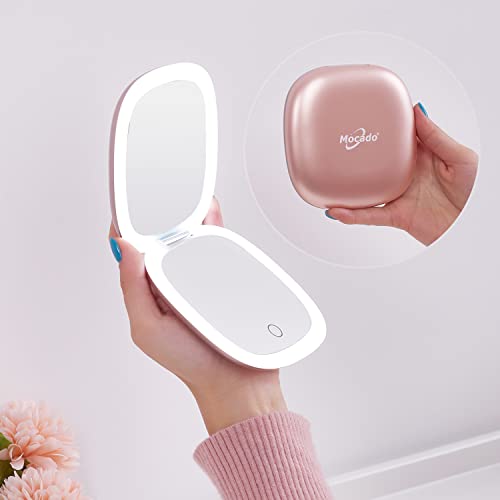 Compact LED Magnifying Travel Makeup-Mirror - 4 inches 1X/10X Magnification Small Hand Pocket Dimmable Double Sided USB Rechargeable Touch Screen, Portable Tabletop Cosmetic (Rose Gold)