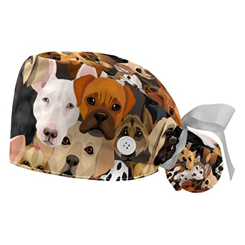 DEYYA 2 Pieces Bouffant Cap with Button Ponytail Pouch, Cotton Working Hat Sweatband, Adjustable Surgical Caps Funny Dog Face Pattern, Multicoloured , Medium-3X-Large