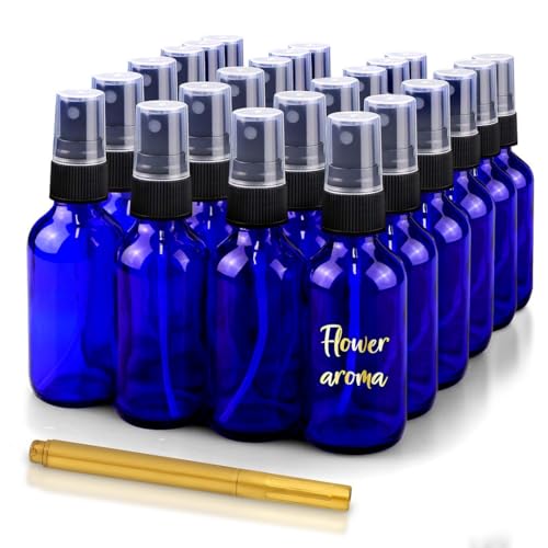CULINAIRE 4oz Glass Spray Bottles with Gold Pen Marker, Small Spray Bottle for Hair Spray, Essential Oil, Colognes, and Hand Sanitizers, Blue, Pack of 24