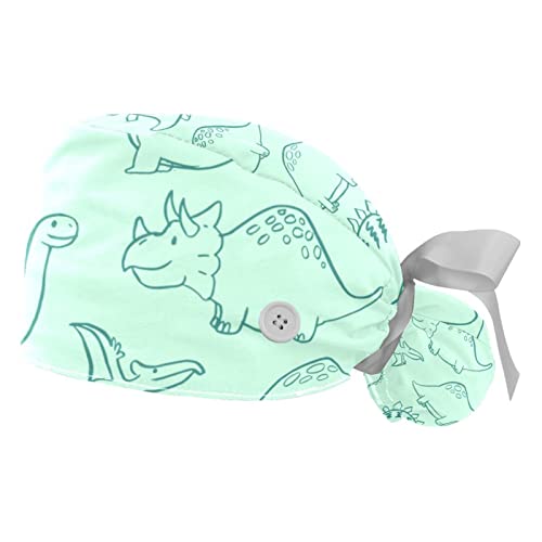 DEYYA Adjustable Scrub Bouffant Caps, 2 Packs Colorful Hand Drawn Dinosaur Pattern Working Hat Hair Cover with Ponytail Pouch, Soft Surgical Nurse Cap, Multicoloured 8, Medium-3X-Large