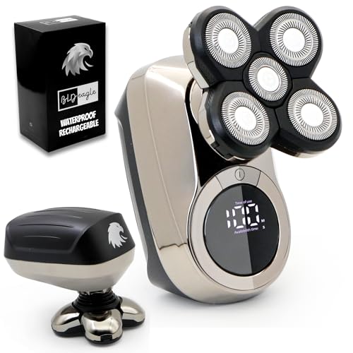 BLD Eagle Electric Head Shavers for Bald Men - 100% Waterproof, Rechargeable, Cordless, Mess Free Hair Capture, Wet/Dry Skull Shaver & Electric Razor for Men 5 Rotary Blades and Accessories