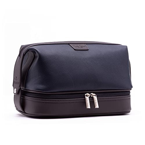 Vetell Leo Large Leather Men's Travel Toiletry and Shaving Case Bag with Upper and Lower Zippered Compartments, 3 Interior Loops and Carrying Handles