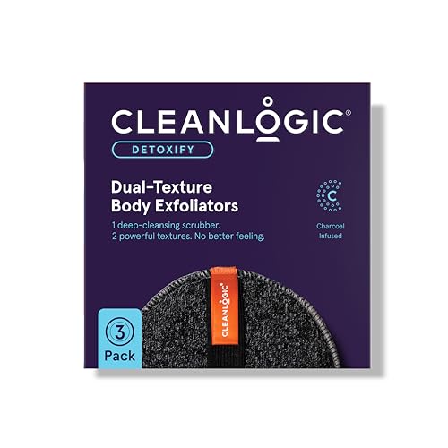 Cleanlogic Detoxify Purifying Charcoal Infused Exfoliating Body Scrubber, Dual-Texture Round Exfoliator Tool for Smooth, Clean Skin, Daily Skincare Routine, 3 Count Value Pack