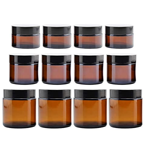 Cornucopia 1, 2 & 4-Ounce Amber Glass Straight Sided Jars (Combo Pack, 4 Each / 12 Total); Great Containers for Cosmetics, Lotions, Body Scrubs & Balms