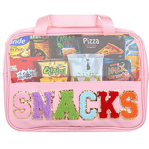 CRUOXIBB Chenille Letter Clear PVC And PU leather Large Travel Cosmetic Toiletry Storage Bag Waterproof Makeup Tote Bag Organizer Bag for Women(SNACKS-Pink)
