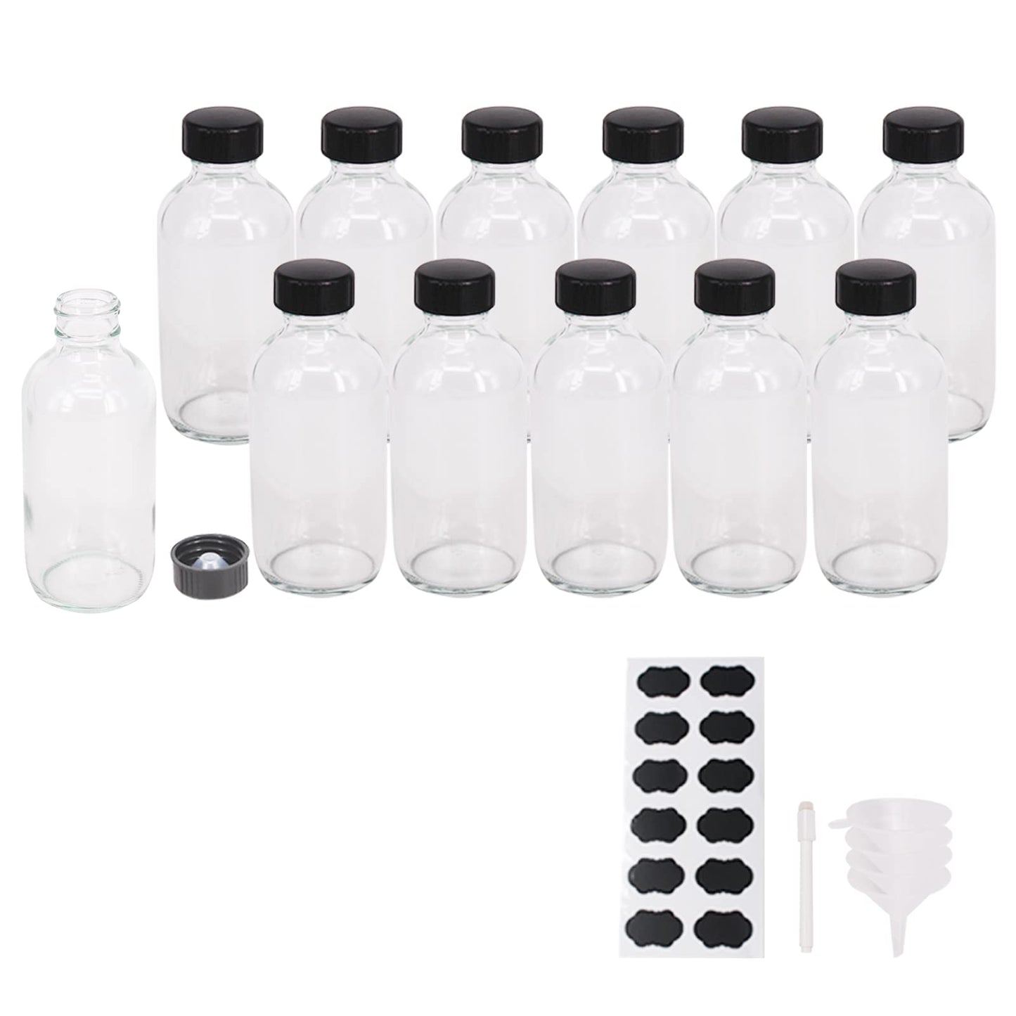 BPFY 12 Pack Clear 4oz Glass Bottle with Caps, Funnel, Chalk Labels, Pen, Vanilla Extract Bottle, Boston Bottles for Potion, Juice, Ginger Shots, Turmeric Shots, Whiskey, Herbal Medicine, Maple Syrup