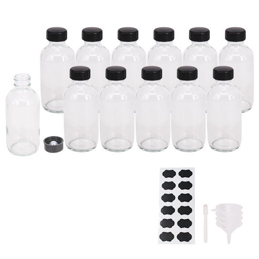 BPFY 12 Pack Clear 4oz Glass Bottle with Caps, Funnel, Chalk Labels, Pen, Vanilla Extract Bottle, Boston Bottles for Potion, Juice, Ginger Shots, Turmeric Shots, Whiskey, Herbal Medicine, Maple Syrup