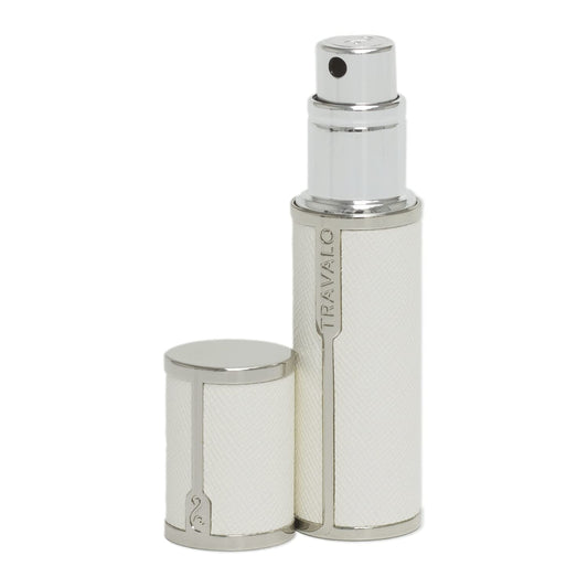 Travalo Milano Perfume Atomizer Travel Refill U-Change System TSA Approved | Reusable Airtight Easy Fill Mini Pump Sprayer Lightweight Portable Vegan Leather w/Polished Metal Outer Shell White 0.17oz