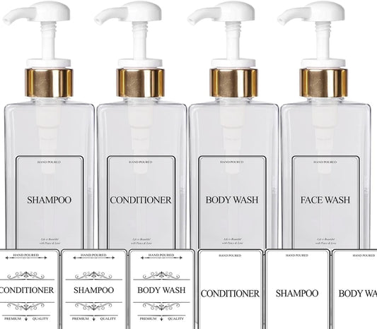 White Opaque Bottle with Gold White Head Empty Plastic Pump Bottles Square Shampoo Bottle Conditioner Soap Lotion Refillable, BPA Free for Body Wash, Moisturizer, Liquid Hand Soap, Set of 3