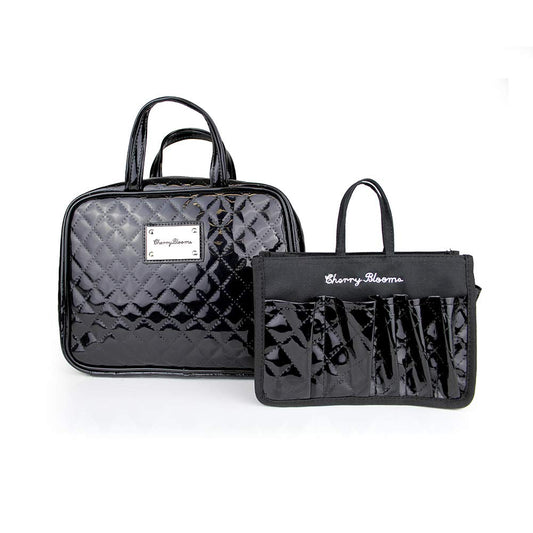 Cherry Blooms Quilted Patent Leather Beauty Organizer 2 Piece Set, Patent Leather Black