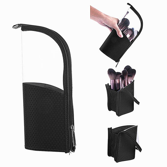 Travel Make-up Brush Holder Organizer Bag，Clear Plastic&Oxford Cosmetic Zippered Case，Portable Waterproof Stand-Up Makeup Brush Pouch, Professional Artist Small Toiletry Stationery Cup (Black)…