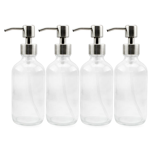 Cornucopia Brands 8-Ounce Clear Glass Boston Round Bottles w/Stainless Steel Lotion Pumps (4-Pack); Empty Refillable Liquid Soap & Lotion Bottles