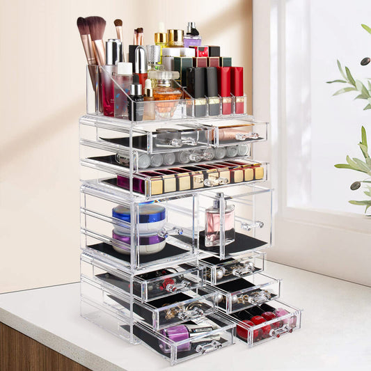 display4top Acrylic Makeup Organizers, 4 Pieces Cosmetic Display Cases with 12 Drawers for Lipstick and Jewerly, Great Vanity, Dresser, Bathroom Organizer (Clear)