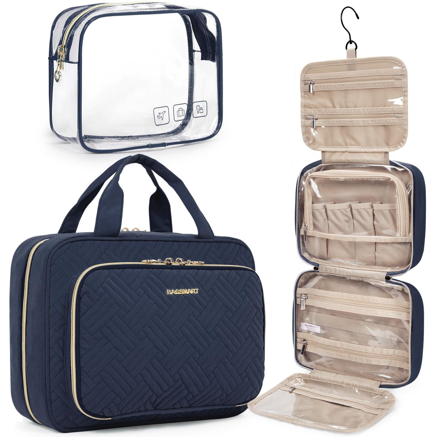 BAGSMART Toiletry Bag Hanging Travel Makeup Organizer with TSA Approved Transparent Cosmetic Bag Makeup Bag for Full Sized Toiletries, Large-Navy