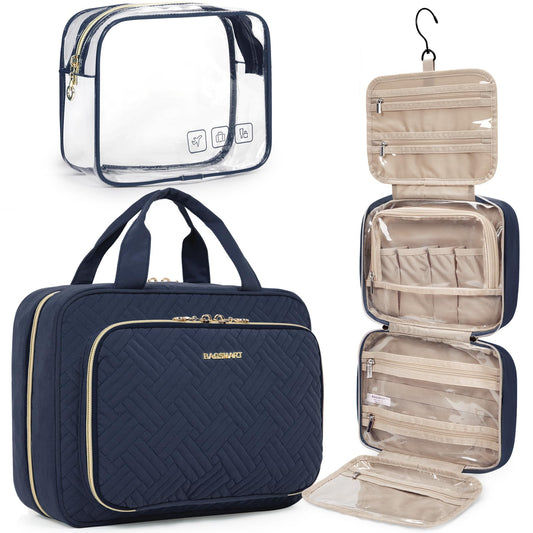 BAGSMART Toiletry Bag Hanging Travel Makeup Organizer with TSA Approved Transparent Cosmetic Bag Makeup Bag for Full Sized Toiletries, Large-Navy