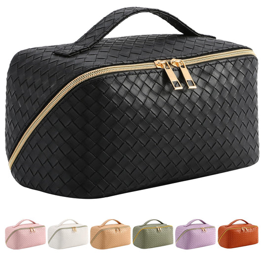 Baonmy Large Capacity Travel Cosmetic Bag - Makeup Bag,Portable PU Leather Waterproof Cosmetic Bag for Women,Travel Makeup Bag Organizer with Handle and Divider Flat Lay Makeup Organizer Bag (Black)