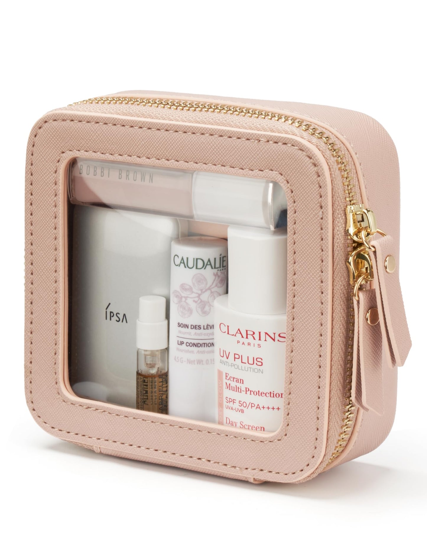 Small Makeup Bag for Purse Mini Cosmetic Bag Clear Pink Square Pouch for School Cute Leather Make Up Case Travel Organizer for Backpack Tiny Toiletry Bag with Zipper for Car Essentials Women Girls