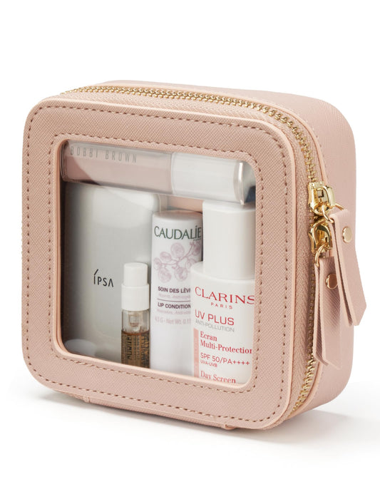 Small Makeup Bag for Purse Mini Cosmetic Bag Clear Pink Square Pouch for School Cute Leather Make Up Case Travel Organizer for Backpack Tiny Toiletry Bag with Zipper for Car Essentials Women Girls