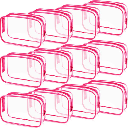 Weewooday 12 Pieces Clear Cosmetics Bag PVC Zippered Clear Toiletry Carry Pouch Portable Cosmetic Makeup Bag Waterproof Makeup Bag Vinyl Plastic Organizer Case for Vacation Bathroom (Rose Red, Large)