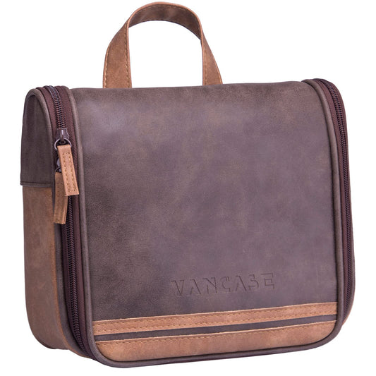 VACNASE Hanging Toiletry Bag for Men Vintage Leather Shaving Dopp Kit Medium Waterproof Travel Bathroom Bags Portable Shower Organizer