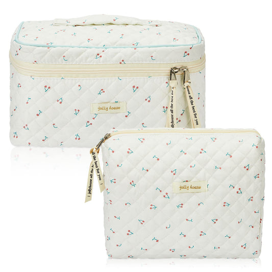 Zeyune 2 Pcs Cotton Quilted Makeup Bag, Large Travel Coquette Cosmetic Bag, Aesthetic Cute Floral Cherry Peony Toiletry Organizer skincare Bag for Women Girls(Cherry Style)