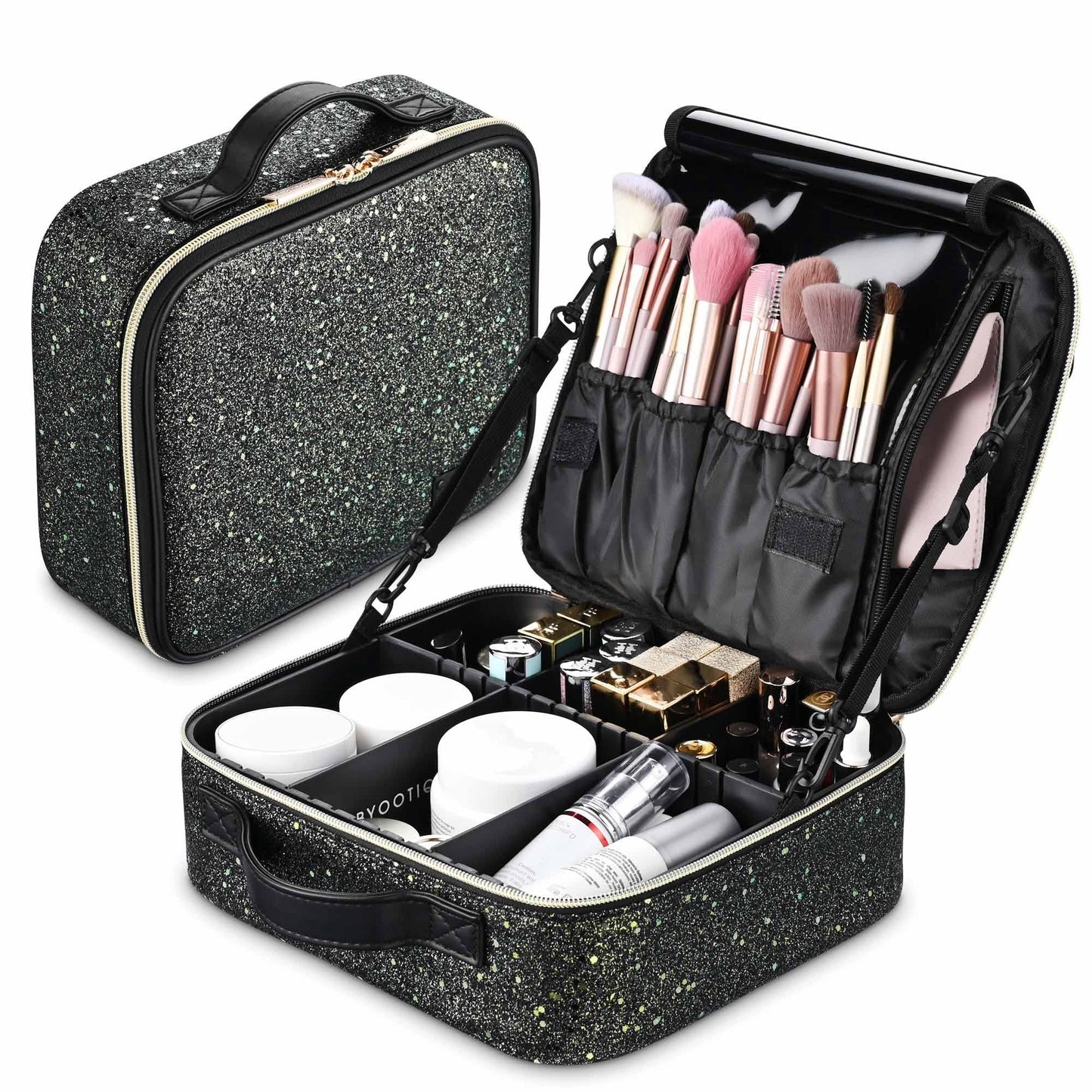 BYOOTIQUE Travel Makeup Train Cases Sequin Cosmetic Bag Professional Lipstick Organizer with Adjustable Dividers for Cosmetics Makeup Brushes Lipstick Toiletry Travel Accessories, Glitter Black