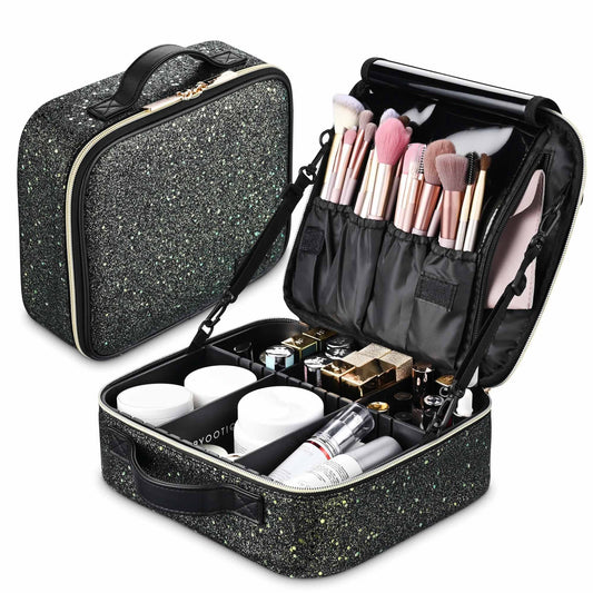 BYOOTIQUE Travel Makeup Train Cases Sequin Cosmetic Bag Professional Lipstick Organizer with Adjustable Dividers for Cosmetics Makeup Brushes Lipstick Toiletry Travel Accessories, Glitter Black