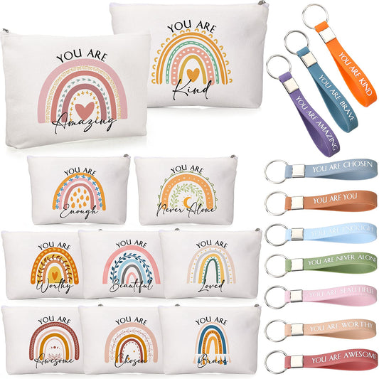 20 Pieces Inspirational Gifts Bulk for Women with 10 Inspirational Quote Keychains and 10 Rainbow Canvas Makeup Bags Thank You Employee Appreciation Gifts with Motivational Quotes for Adults Men Women