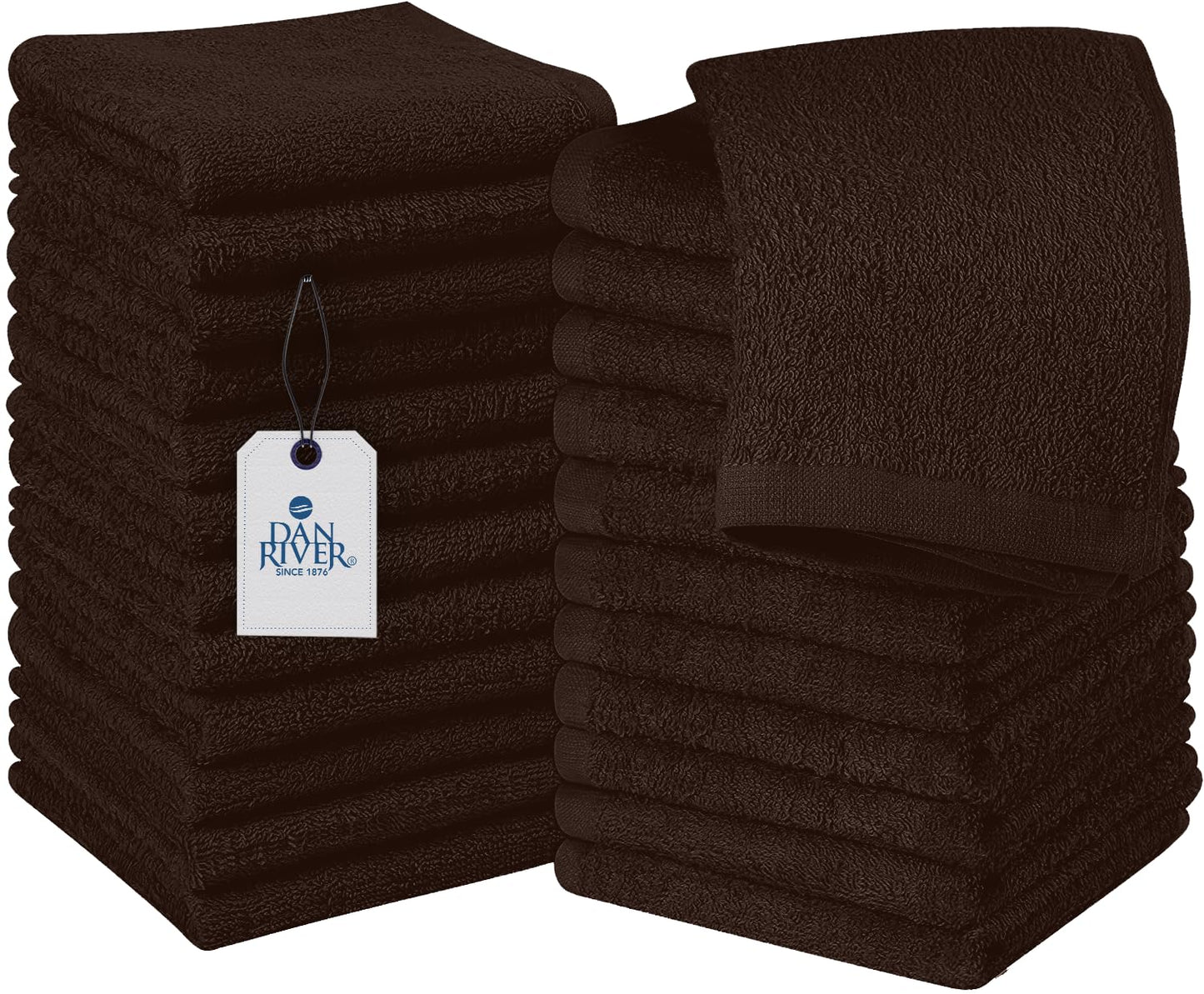 DAN RIVER 100% Cotton Washcloths 24 Pack Premium Quality Face and Body Cloth, Quick Dry Essential Towels for Bathroom, Hand, Kitchen & Cleaning, Baby Washcloths | 12X12 in | 400 GSM | Brown