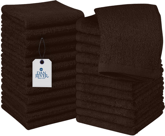 DAN RIVER 100% Cotton Washcloths 24 Pack Premium Quality Face and Body Cloth, Quick Dry Essential Towels for Bathroom, Hand, Kitchen & Cleaning, Baby Washcloths | 12X12 in | 400 GSM | Brown