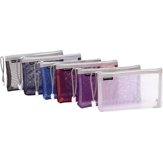 Sea Team 6pcs Multicolored Portable Travel Toiletry Pouch Nylon Mesh Cosmetic Makeup Organizer Bag with Zipper, 7.9 x 1 x 4.5 Inches, Colorful