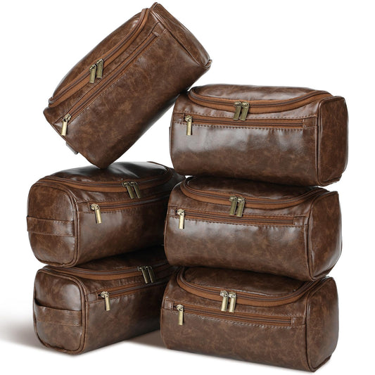 Aliceset 6 Pcs Groomsmen Gift Toiletry Bag Leather Toiletry Bag for Men with Hook Leather Wedding Gift Bag Groomsmen Proposal Bag with Side Handle Father Gift(Dark Brown)