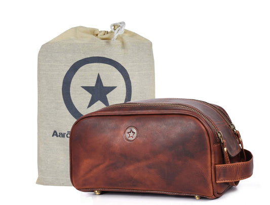 10" Premium Leather Toiletry Travel Pouch With Waterproof Lining | King-Size Handcrafted Vintage Dopp - Kit ~ Gift for Father's Day By Aaron Leather Goods (Umber)