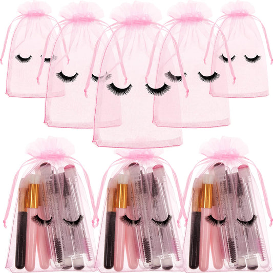 100 Pcs Eyelash Aftercare Bags Eye Lash Print Makeup Bags Empty Beauty Gift Bags Women Drawstring Cosmetic Bag Organza Bags Pouch for Girls Makeup Jewelry Supplies (Pink Plus Black, 4 x 6 Inch)