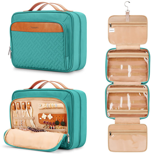 COOSKY Travel Hanging Toiletry Bag for Women, Holds Full-Size Shampoo, with Jewelry Organizer Compartment, Extra Large Waterproof Cosmetic Makeup, Toiletries Kit Set with Trolley Belt, Blue
