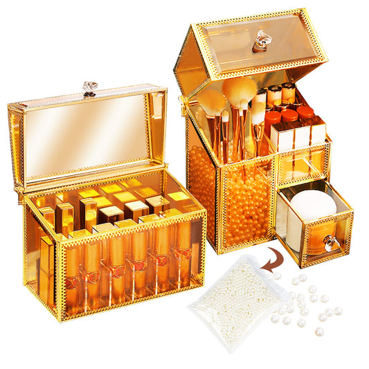 CoralHouse makeup organizer countertop,makeup brush holder,makeup organization for vanity,makeup brush holder organizer,2 pieces luxury tempered glass makeup brush and lipsticks organizer amber.