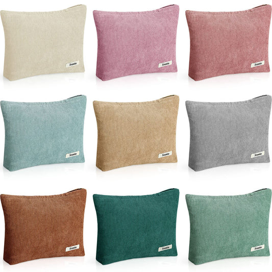 9 Pcs Corduroy Makeup Bags 10 x 7 Inches Cosmetic Bag Large Velvet Travel Aesthetic Pouch Travel Makeup Organizer Toiletry Bag for Purse Accessories Cosmetics Pouch for Women and Girls, 9 Colors