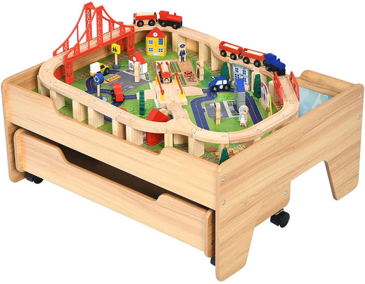 Deluxe Beech Wood Montessori Wooden Train Set | 2-in-1 Wooden Train Table | 100pc Train Set